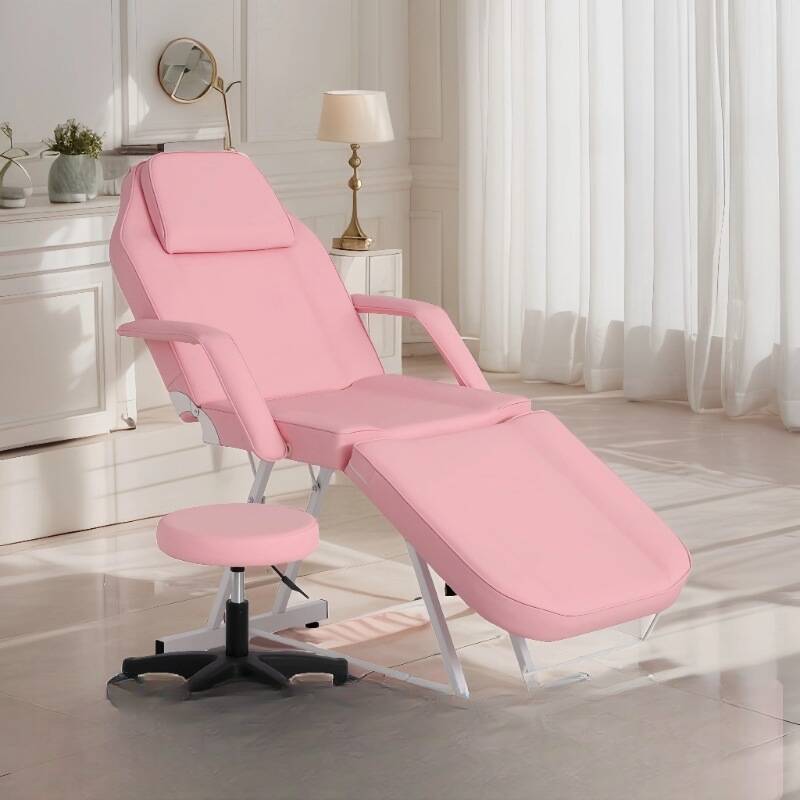 Fixed Height Metal Facial Bed with Rectangle Top and Trestle Base, Includes 1 Chair
