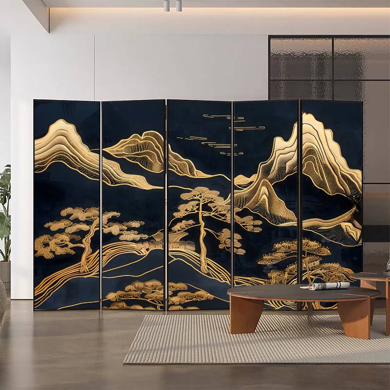 Room Divider in Black with Opaque Compact Metal Frame, 5 Panels/4 Panels, Double Sided Print, and Detached Design
