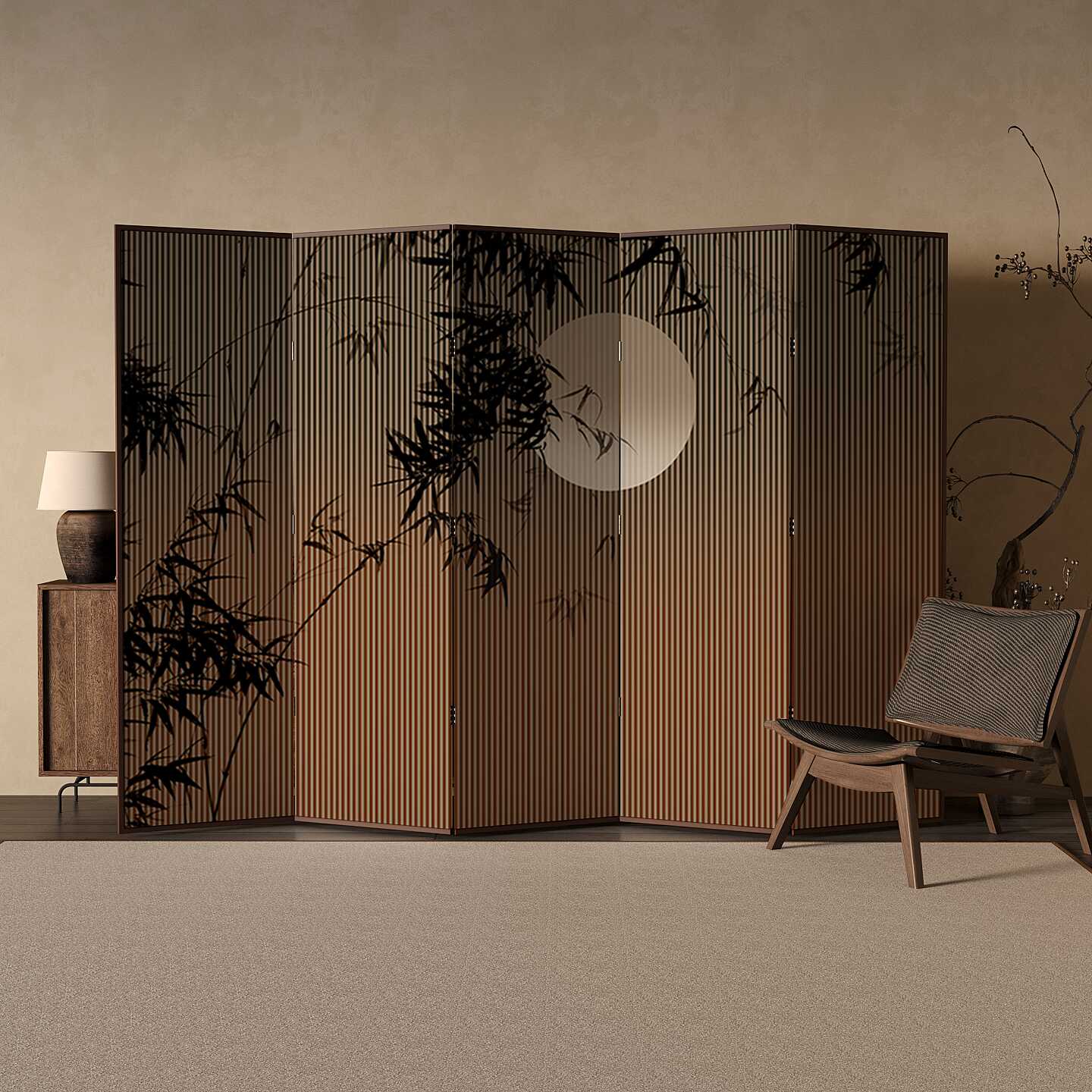 Auburn Modern Opaque Pop Up Walnut Wood Frame Room Separator Wall with 5 Panels/4 Panels and Double Sided Print