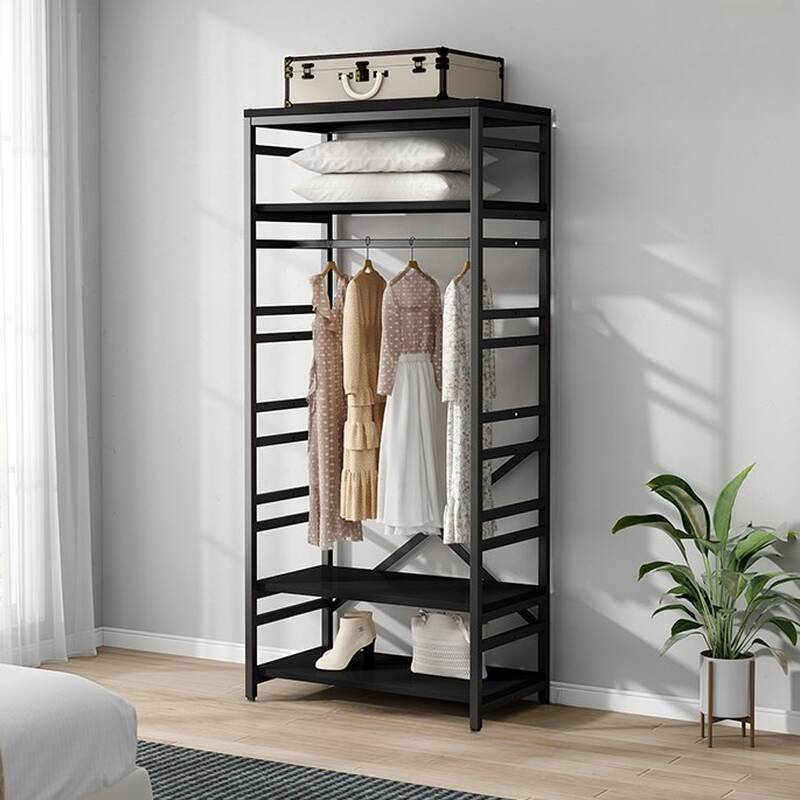 Midnight Black Modish Coat Tree with Stockroom Storage and Steel Frame