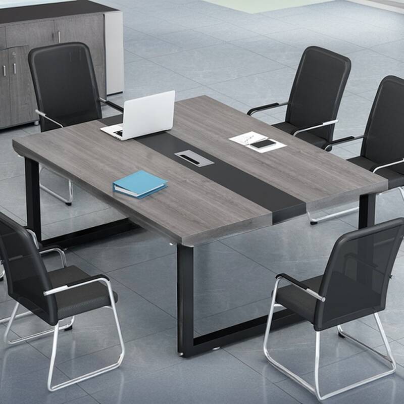 Dove Grey Art Deco Meeting Table, Waterproof Rectangle with Cable Management, Seats 12+, Manufactured Wood