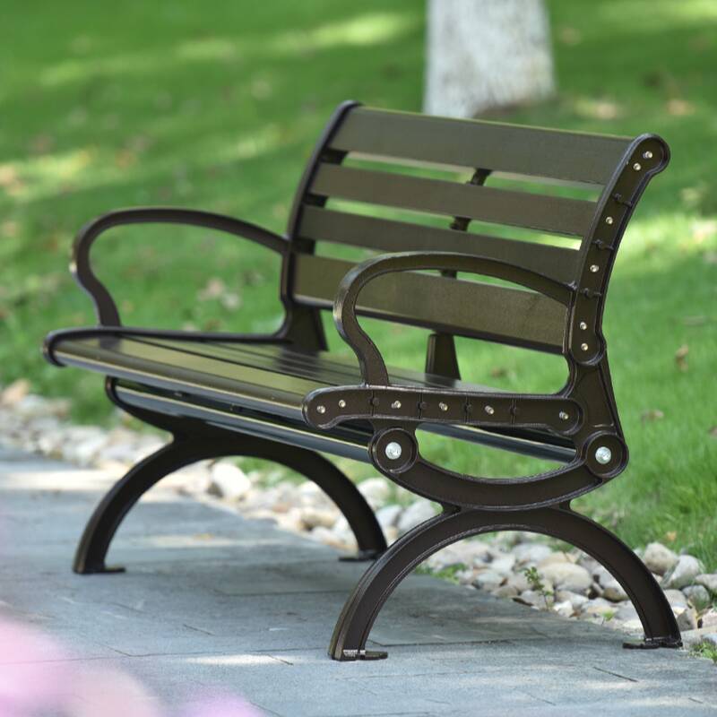 Simple Outdoor Bench with Alloy Pecan Finish, Featuring Back and Curved Arm
