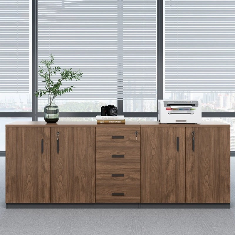 Auburn Art Deco Laminate Base Cabinet with Shelves, Drawers, Locking Door, and 3-Wide/4-Wide Compartments