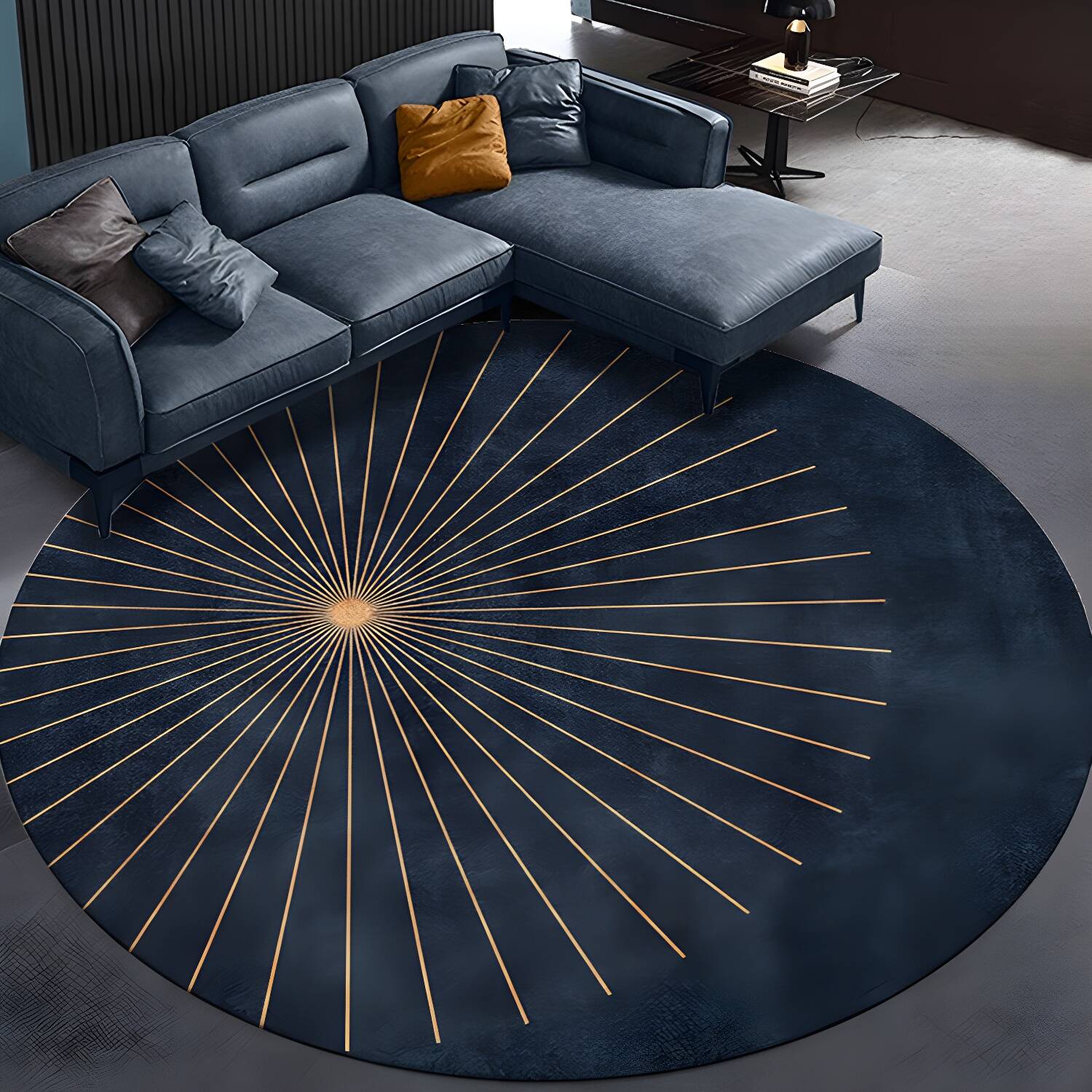 Luxurious Blue Area Rug Modern Lines Design Carpet Non-Slip Backing Round Rug for Home Decoration