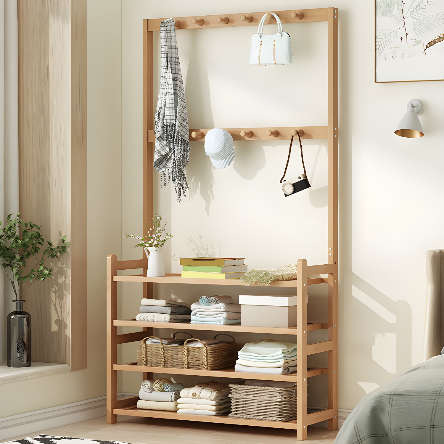 Modern Style Coat Rack Free Standing Solid Bamboo Hooks Design Coat Rack With Shelves