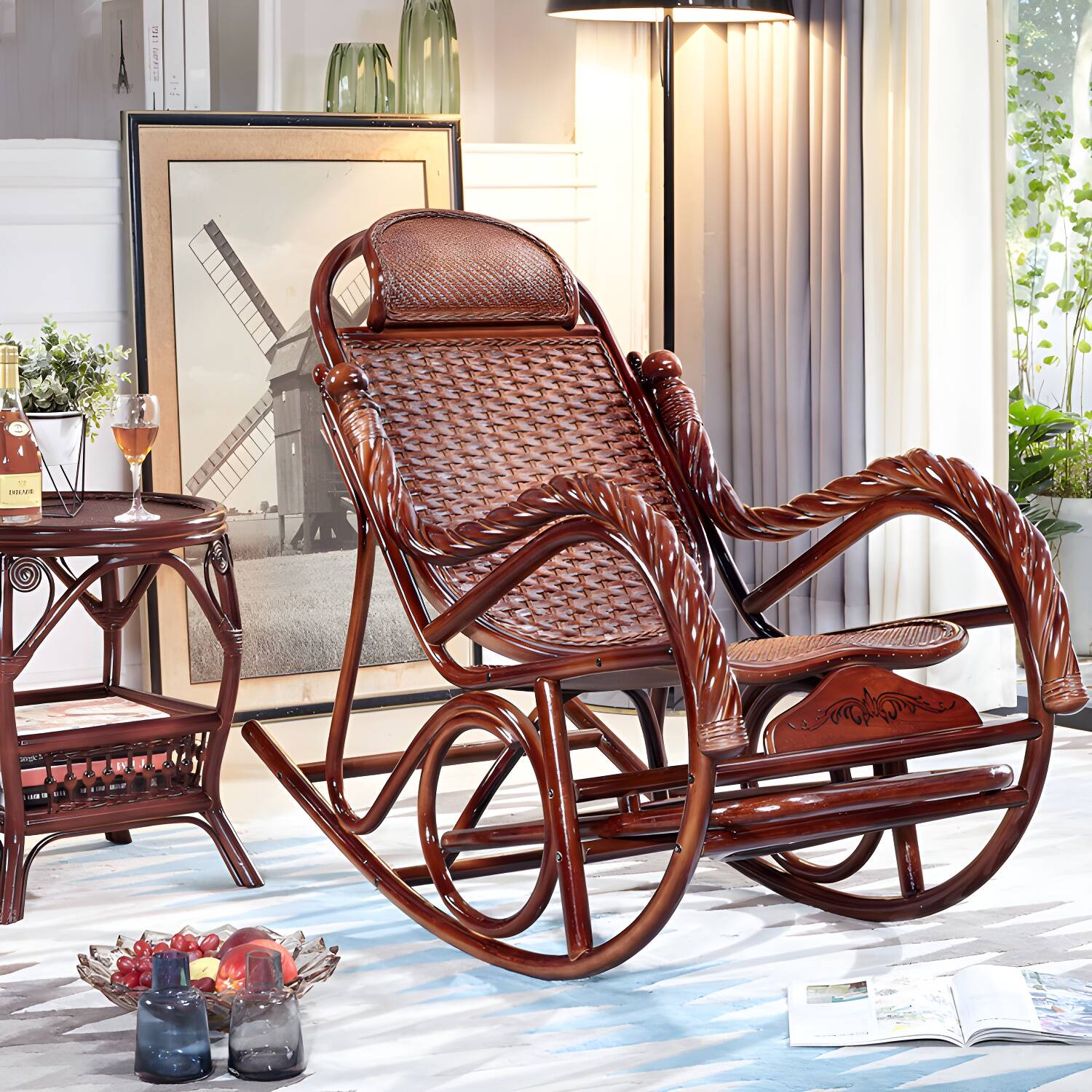 Woven Rope Rocking Chair Rattan Traditional Solid Rocking Accent Chair with Cushions