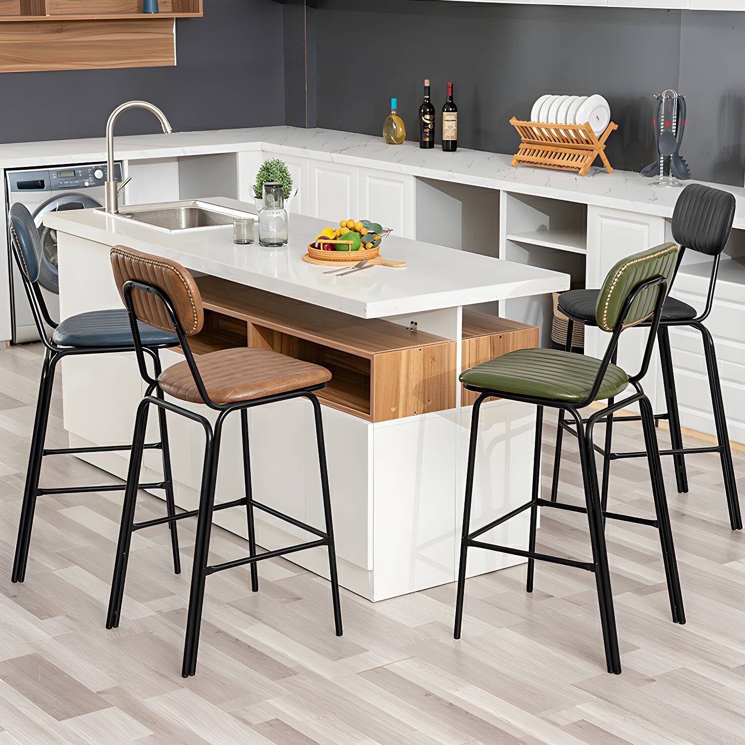 Saddle Leather Industrial Bar Stool with Footrest and Height Reserve Installation Holes