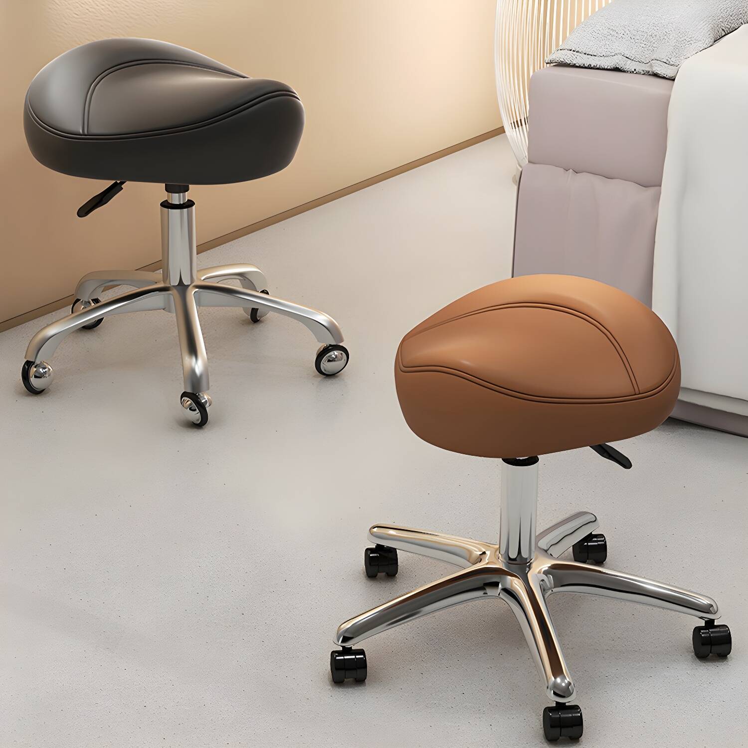 Height Adjustable Swivel Styling Chair in Silver Frame with Five Wheels