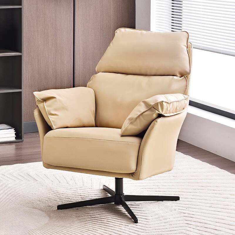 Contemporary Arm Chair with Sewn Pillow Back in Beige/Auburn/Tangerine, Solid Colour, Arms, and Turned Swivel